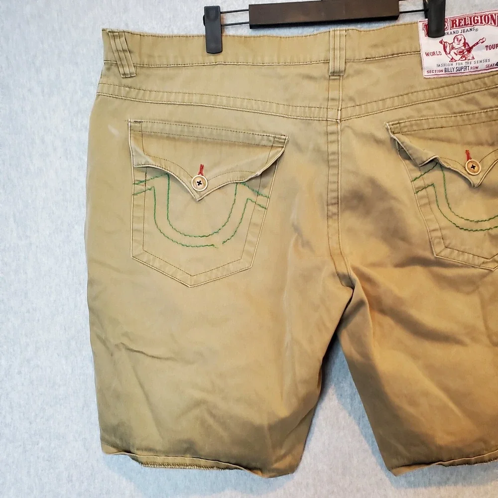 True Religion Billy Super T Shorts Size 42 Green Baggy Distressed Flap Pockets